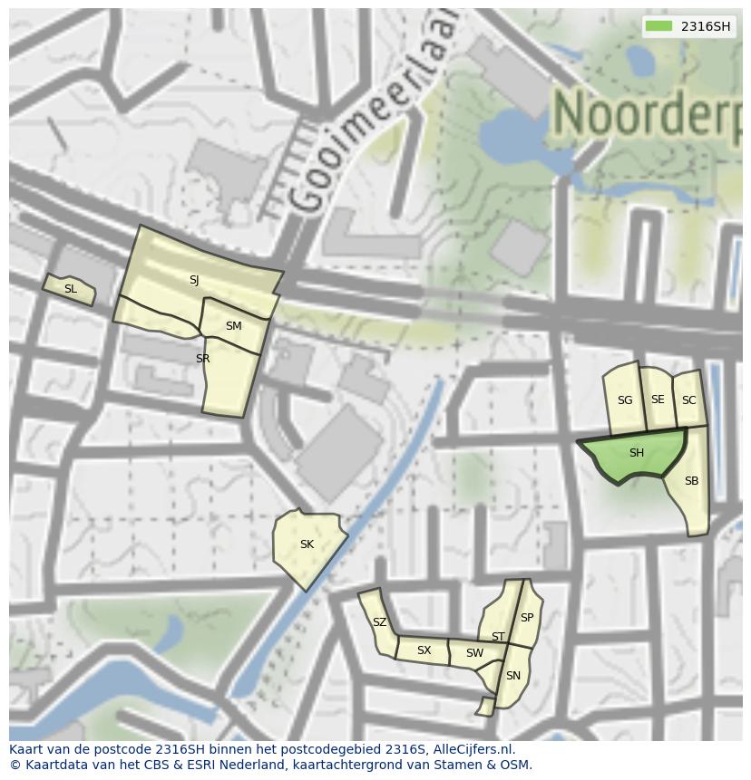 Afbeelding van het postcodegebied 2316 SH op de kaart.