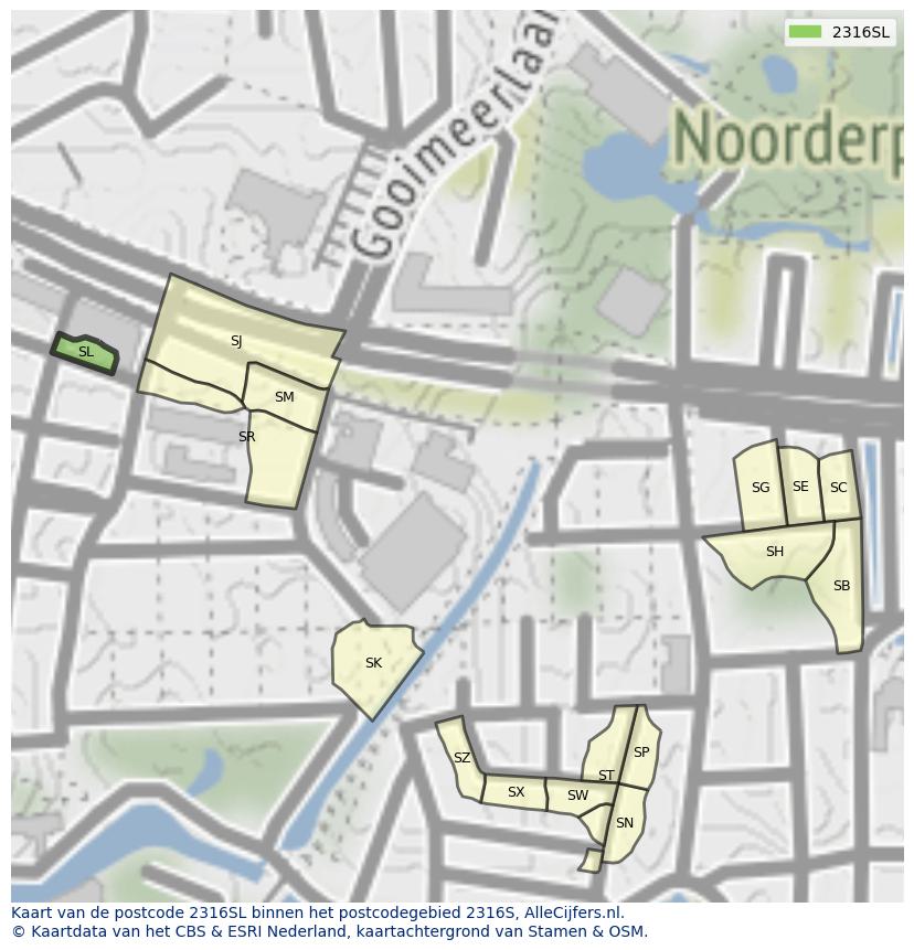 Afbeelding van het postcodegebied 2316 SL op de kaart.