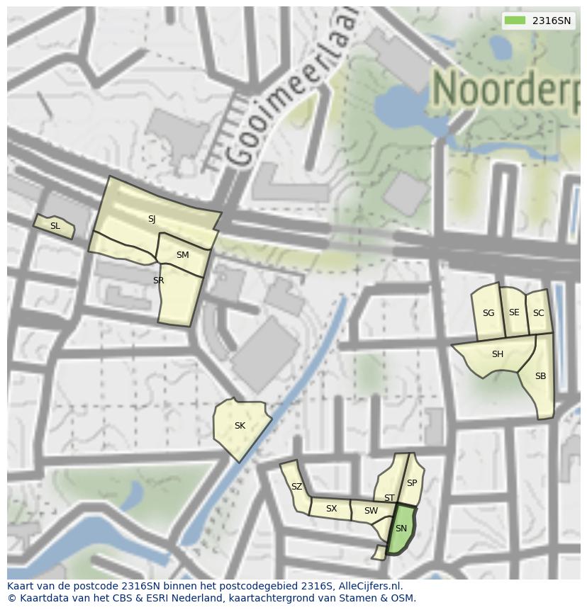 Afbeelding van het postcodegebied 2316 SN op de kaart.