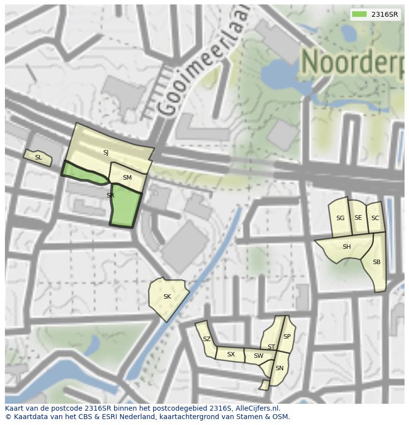 Afbeelding van het postcodegebied 2316 SR op de kaart.