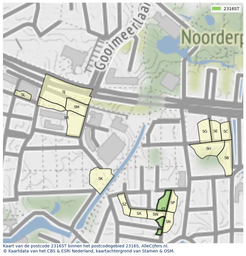 Afbeelding van het postcodegebied 2316 ST op de kaart.