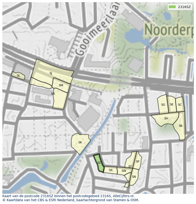 Afbeelding van het postcodegebied 2316 SZ op de kaart.
