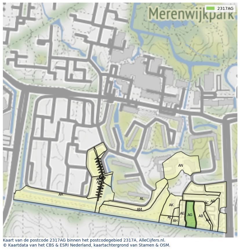 Afbeelding van het postcodegebied 2317 AG op de kaart.