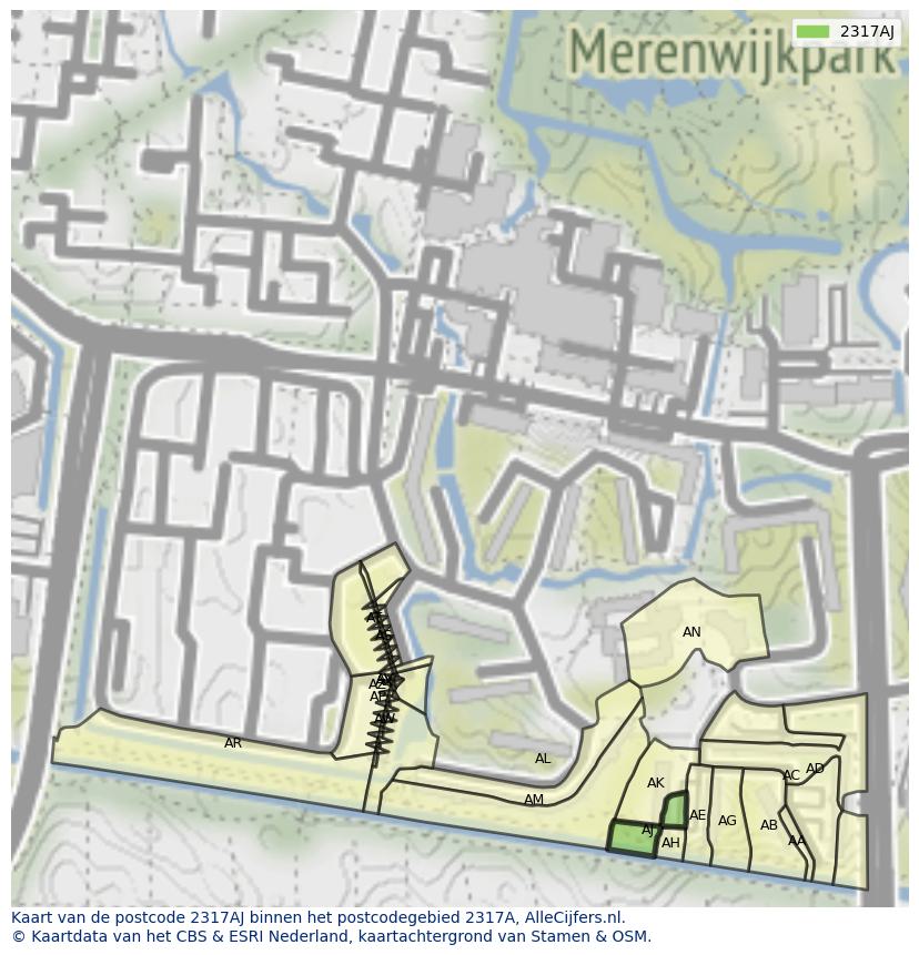 Afbeelding van het postcodegebied 2317 AJ op de kaart.