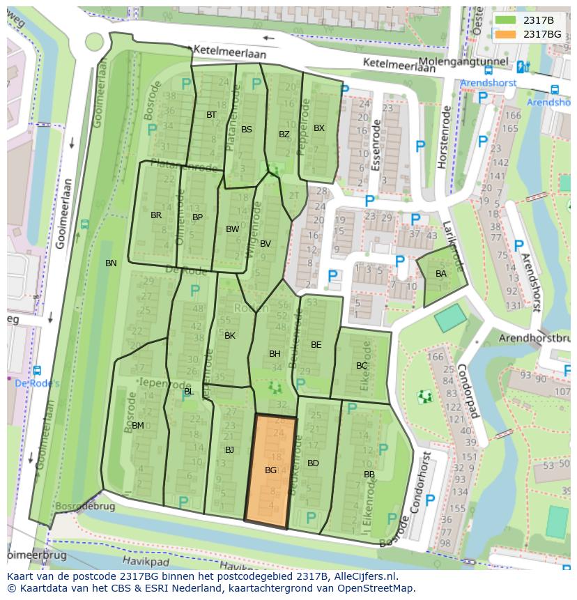 Afbeelding van het postcodegebied 2317 BG op de kaart.