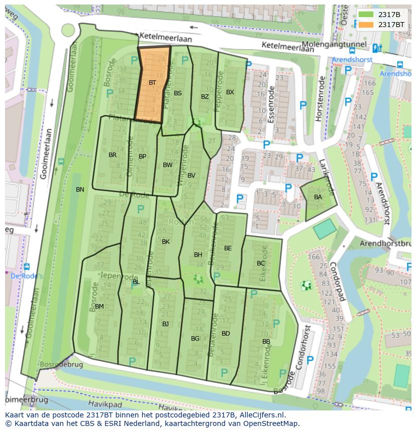 Afbeelding van het postcodegebied 2317 BT op de kaart.