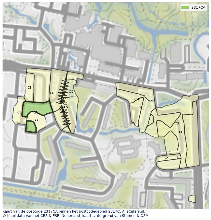 Afbeelding van het postcodegebied 2317 CA op de kaart.