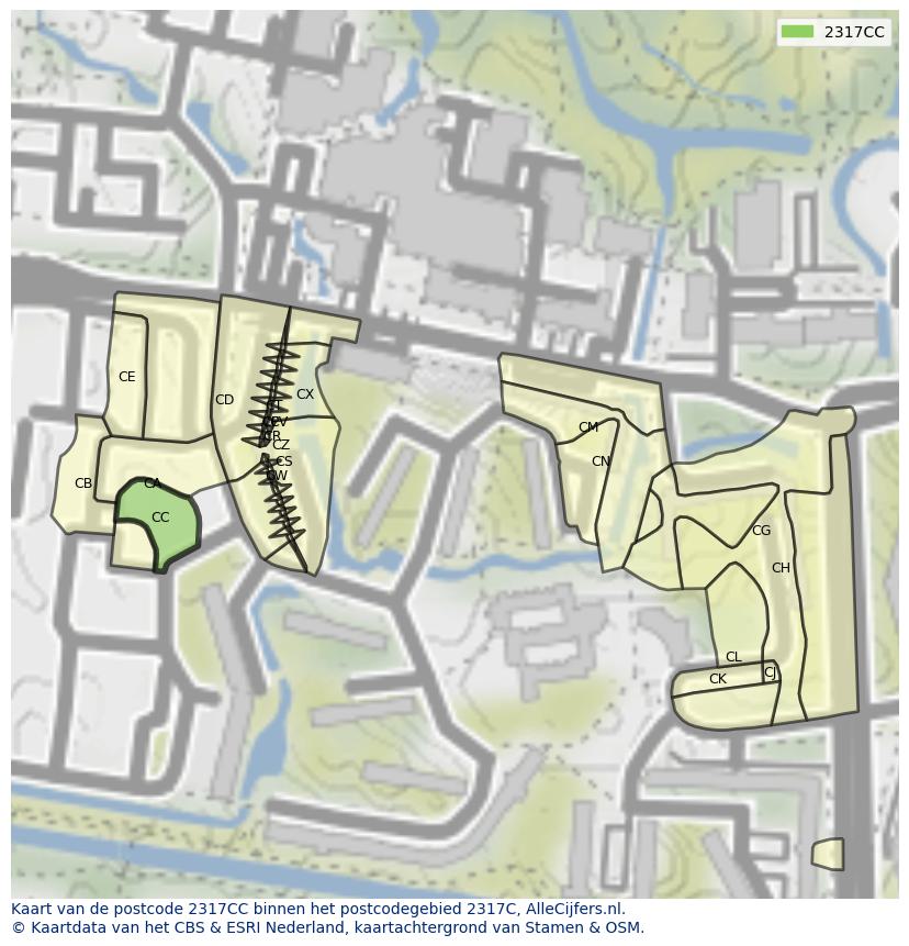 Afbeelding van het postcodegebied 2317 CC op de kaart.