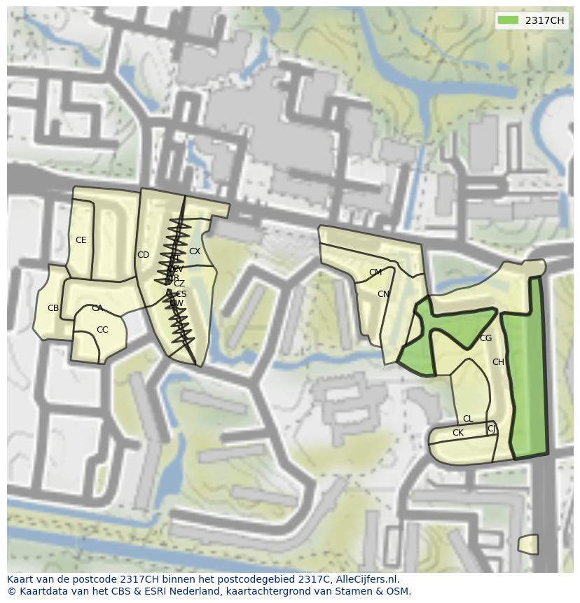 Afbeelding van het postcodegebied 2317 CH op de kaart.