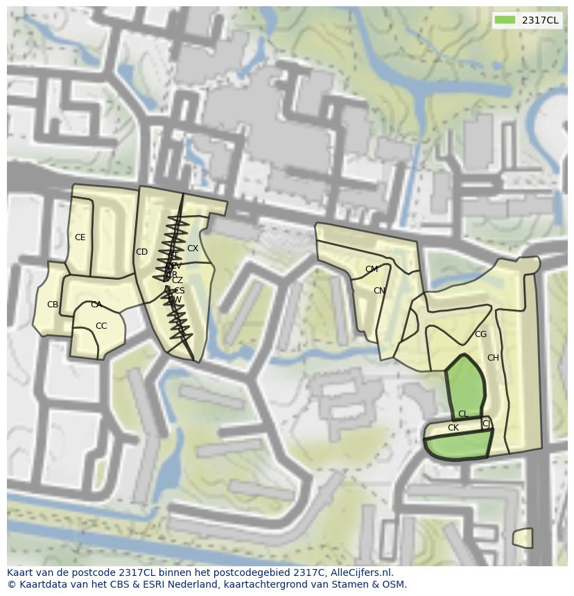 Afbeelding van het postcodegebied 2317 CL op de kaart.