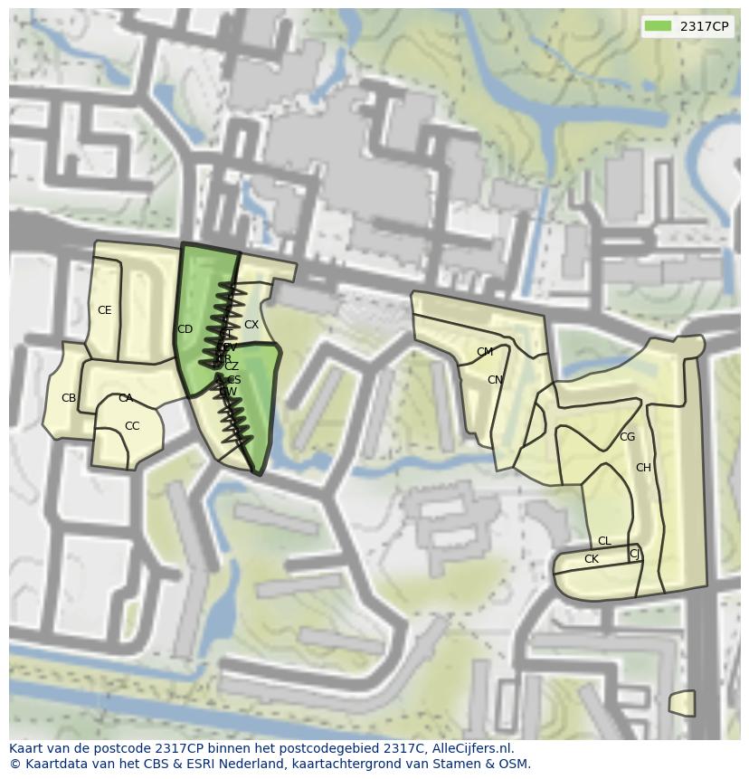 Afbeelding van het postcodegebied 2317 CP op de kaart.