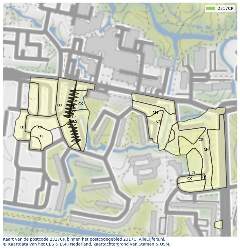 Afbeelding van het postcodegebied 2317 CR op de kaart.