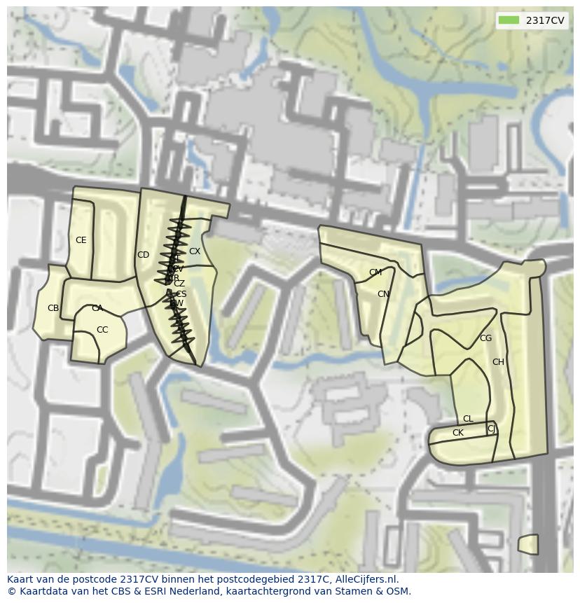 Afbeelding van het postcodegebied 2317 CV op de kaart.