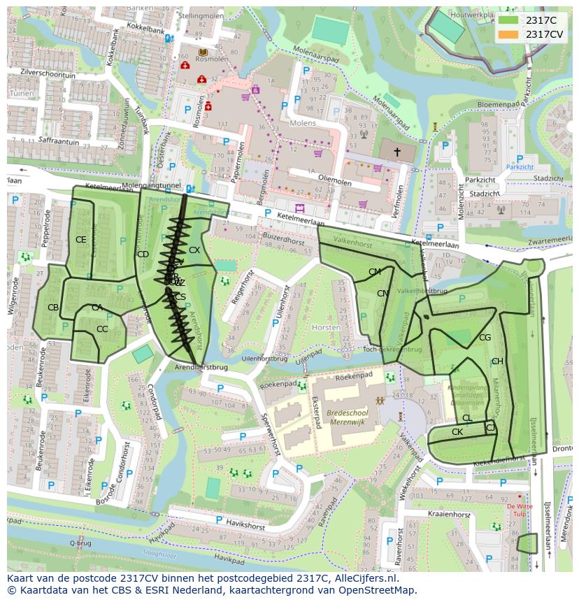 Afbeelding van het postcodegebied 2317 CV op de kaart.