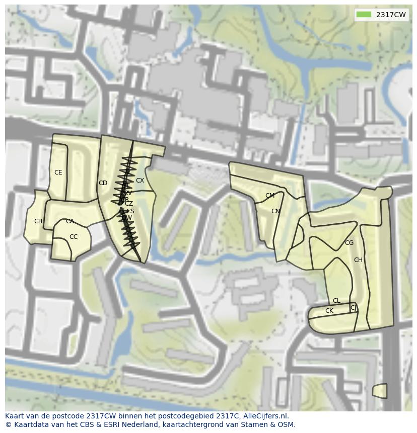 Afbeelding van het postcodegebied 2317 CW op de kaart.