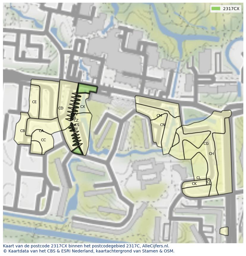 Afbeelding van het postcodegebied 2317 CX op de kaart.