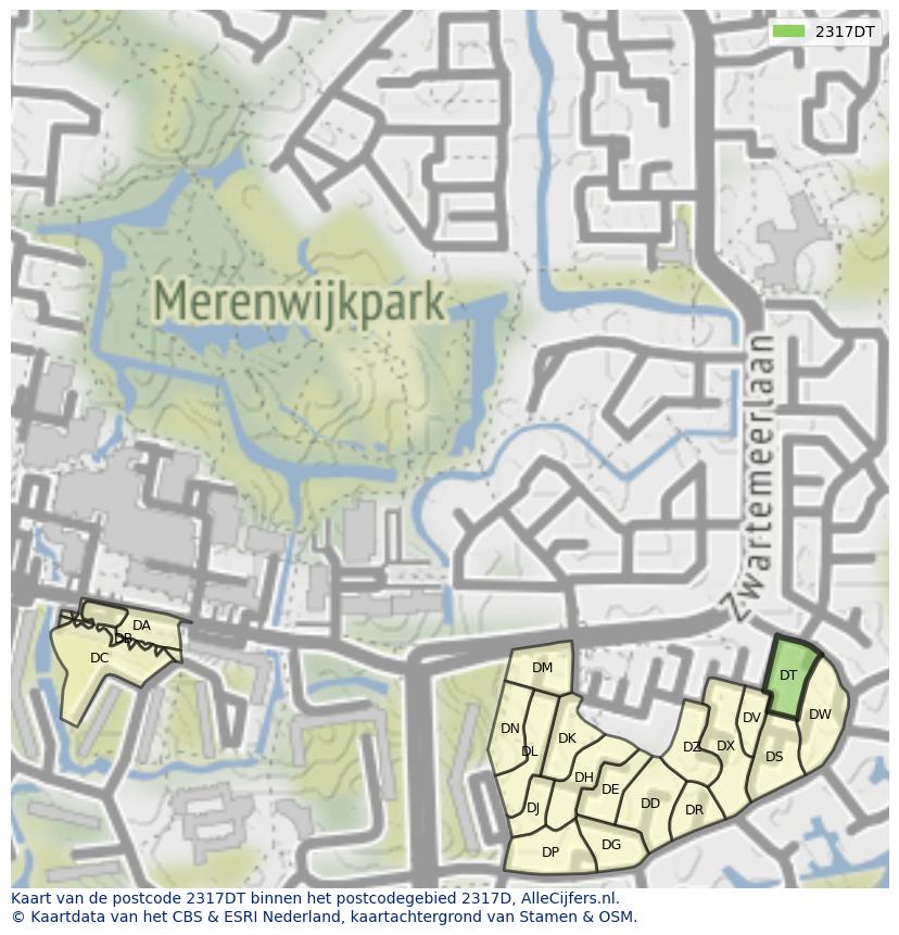 Afbeelding van het postcodegebied 2317 DT op de kaart.