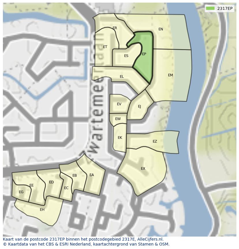 Afbeelding van het postcodegebied 2317 EP op de kaart.