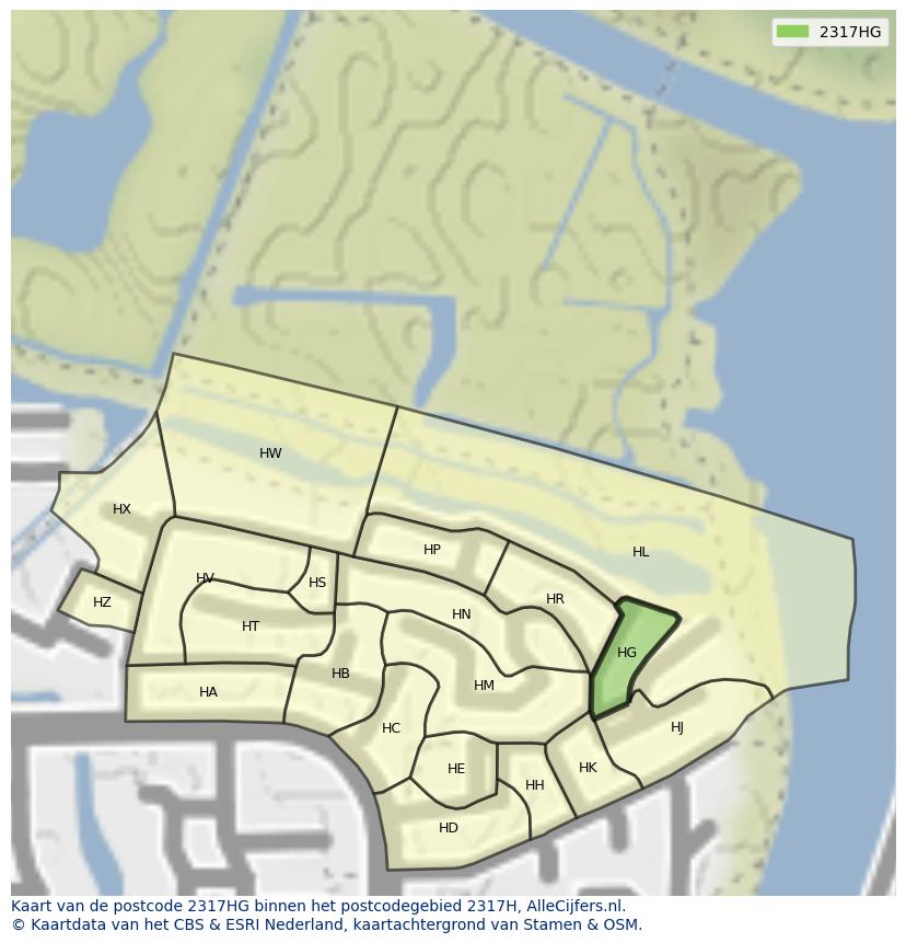 Afbeelding van het postcodegebied 2317 HG op de kaart.