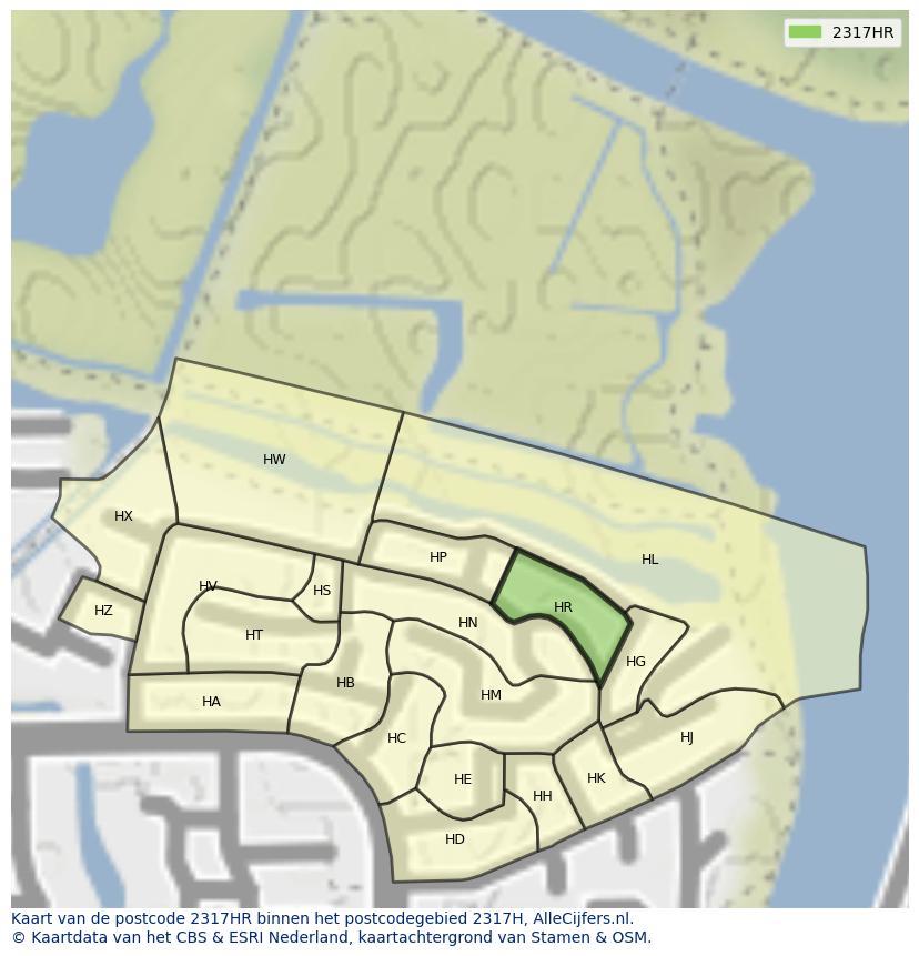 Afbeelding van het postcodegebied 2317 HR op de kaart.