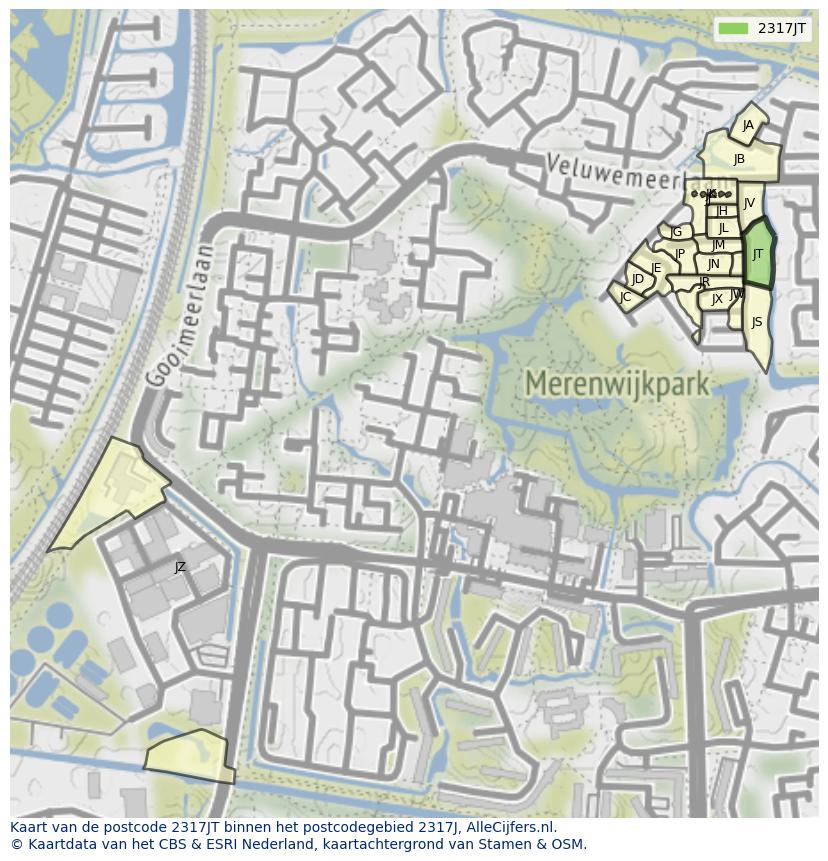 Afbeelding van het postcodegebied 2317 JT op de kaart.