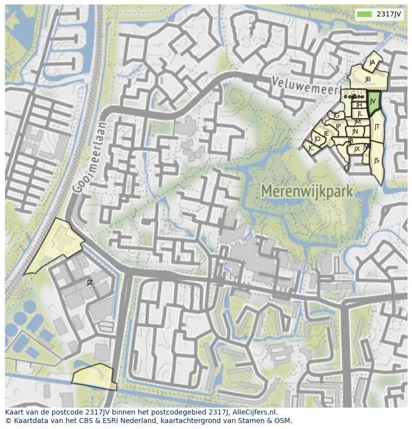 Afbeelding van het postcodegebied 2317 JV op de kaart.
