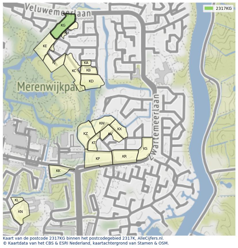 Afbeelding van het postcodegebied 2317 KG op de kaart.