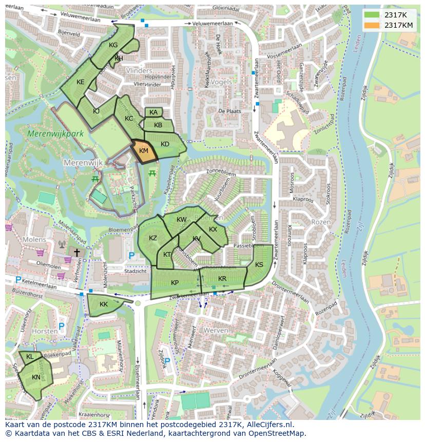 Afbeelding van het postcodegebied 2317 KM op de kaart.