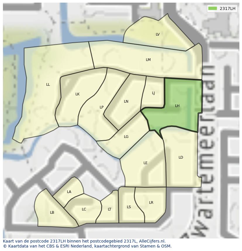 Afbeelding van het postcodegebied 2317 LH op de kaart.
