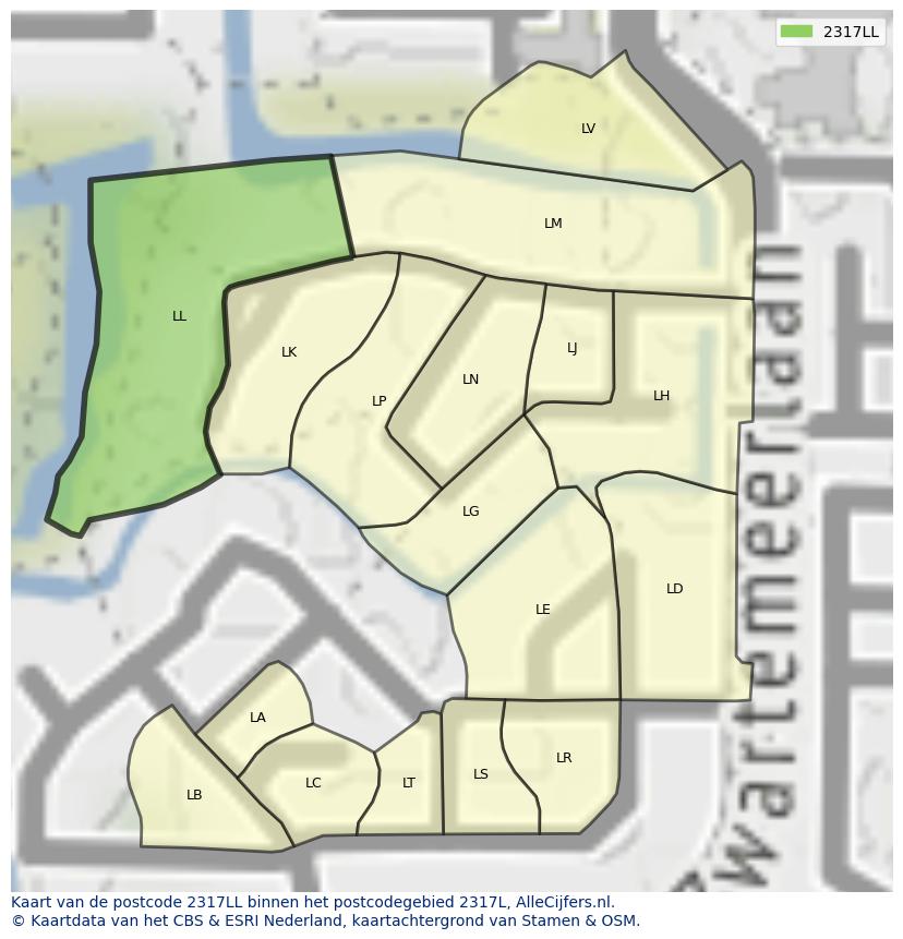 Afbeelding van het postcodegebied 2317 LL op de kaart.