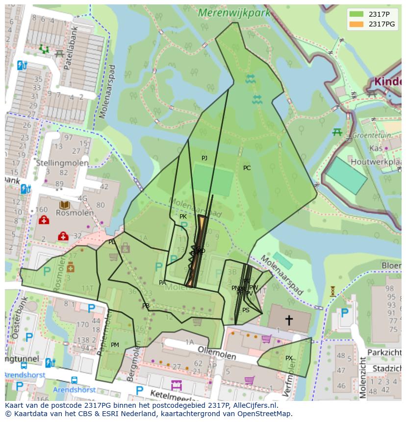 Afbeelding van het postcodegebied 2317 PG op de kaart.