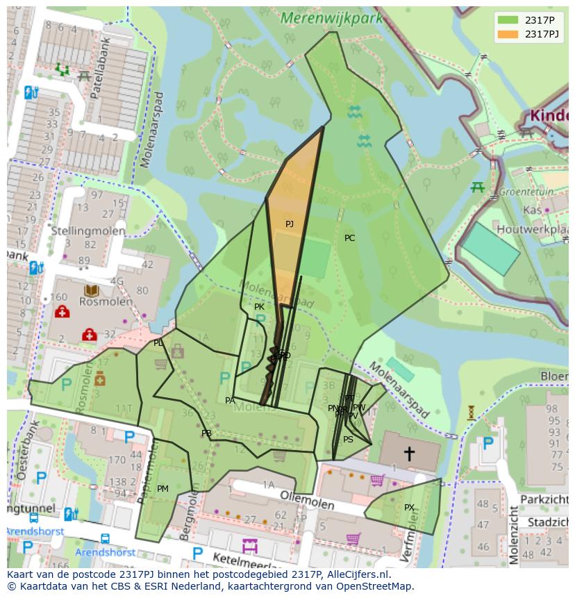 Afbeelding van het postcodegebied 2317 PJ op de kaart.