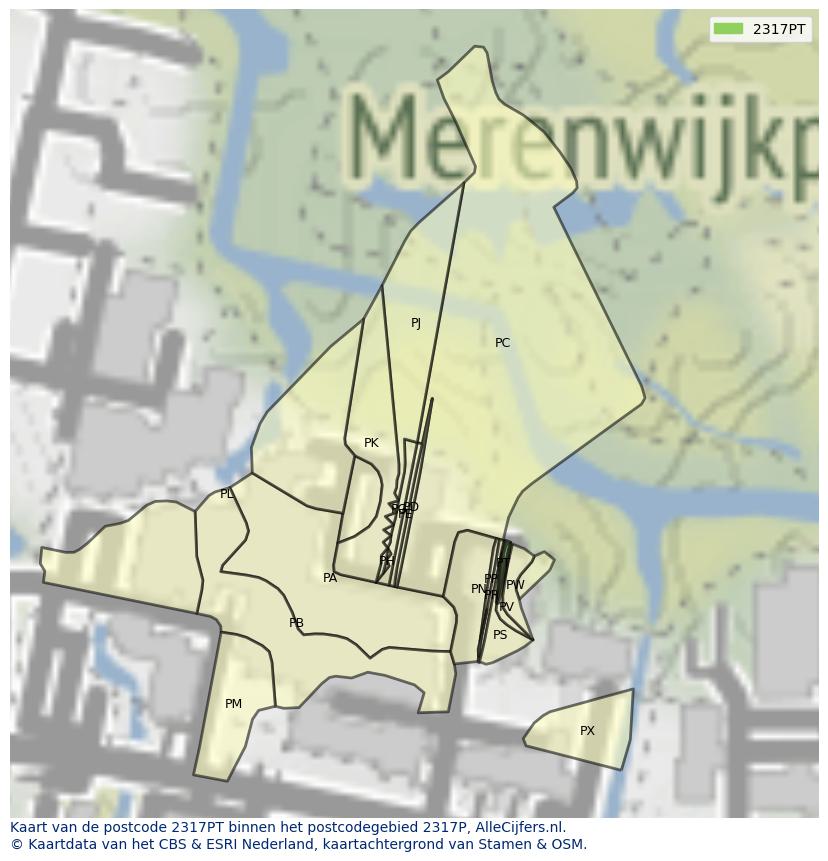 Afbeelding van het postcodegebied 2317 PT op de kaart.