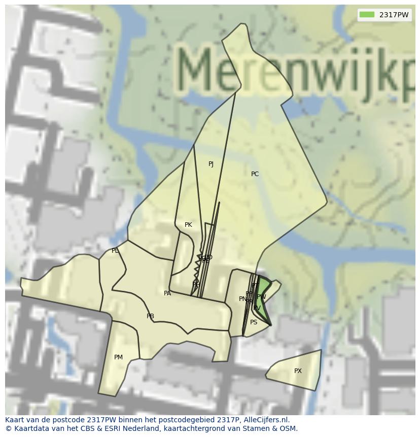 Afbeelding van het postcodegebied 2317 PW op de kaart.