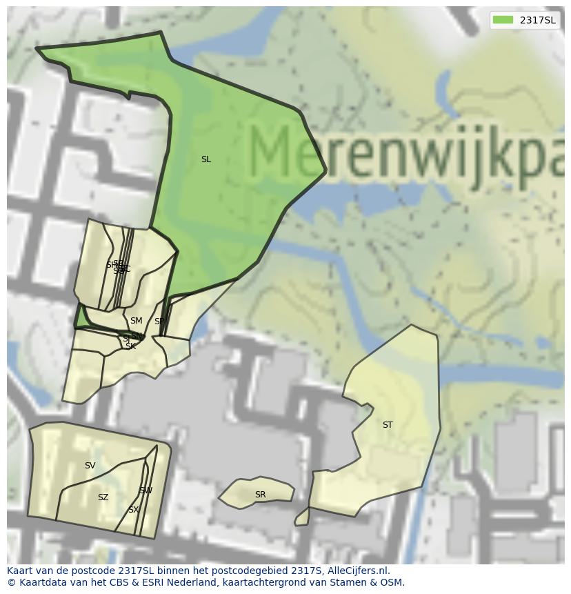 Afbeelding van het postcodegebied 2317 SL op de kaart.