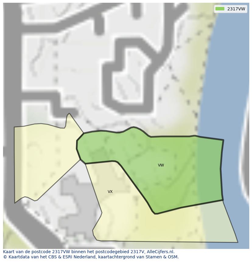 Afbeelding van het postcodegebied 2317 VW op de kaart.