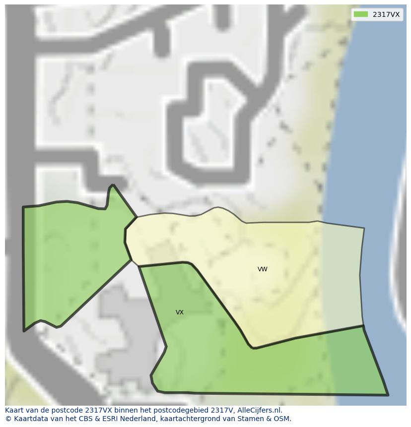 Afbeelding van het postcodegebied 2317 VX op de kaart.