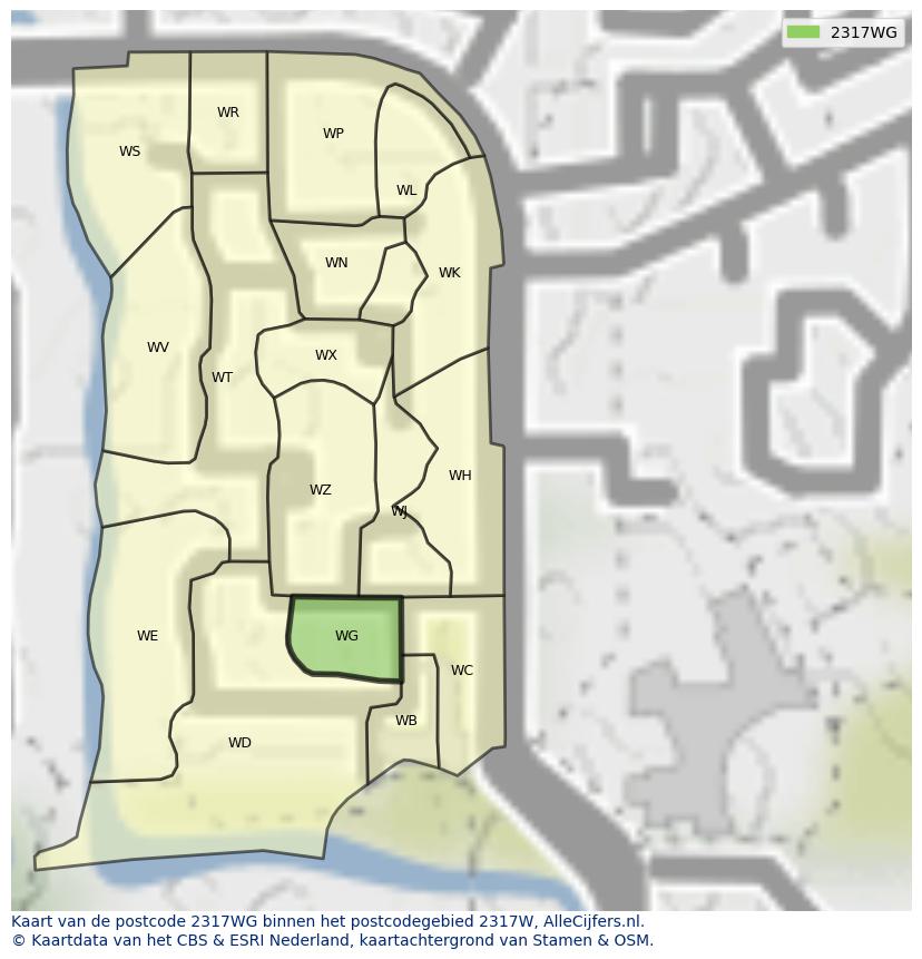 Afbeelding van het postcodegebied 2317 WG op de kaart.