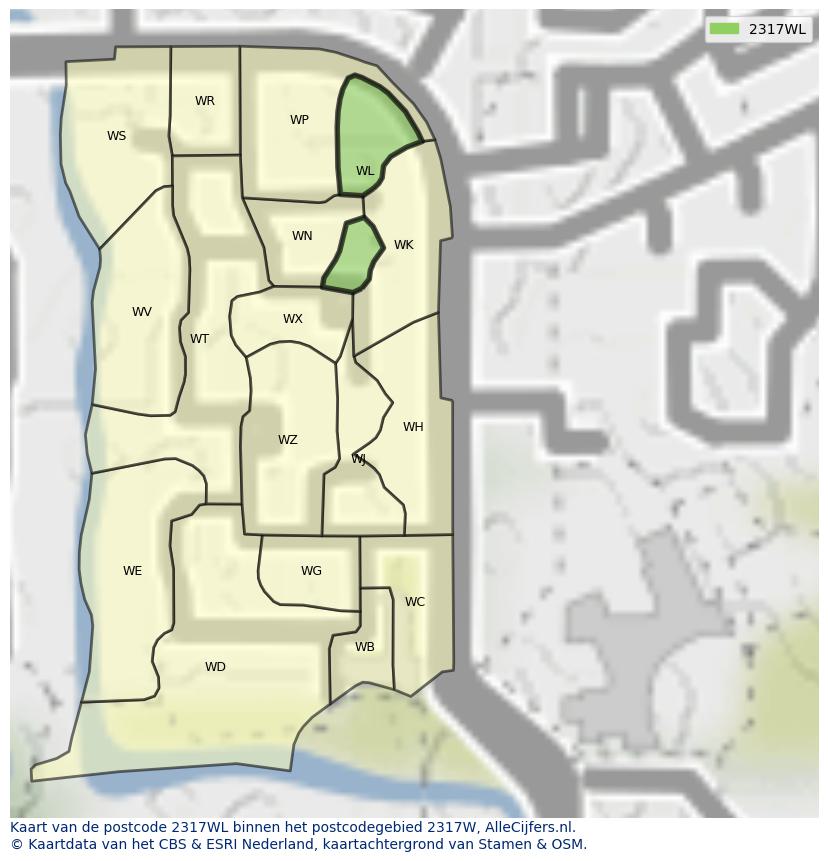 Afbeelding van het postcodegebied 2317 WL op de kaart.