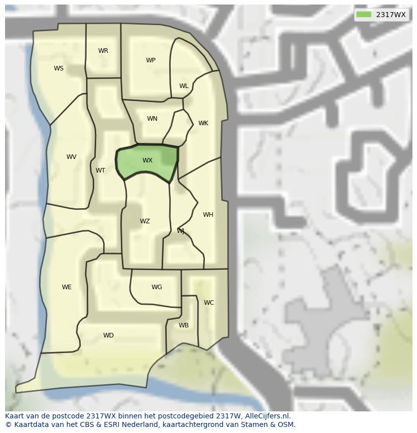 Afbeelding van het postcodegebied 2317 WX op de kaart.