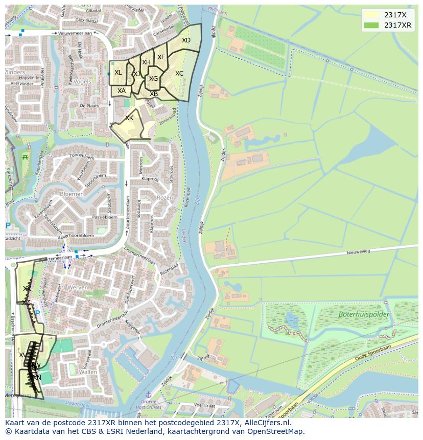 Afbeelding van het postcodegebied 2317 XR op de kaart.