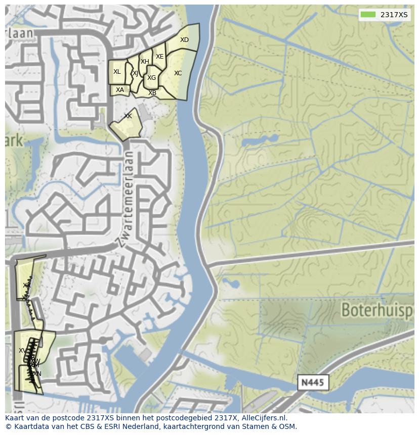 Afbeelding van het postcodegebied 2317 XS op de kaart.