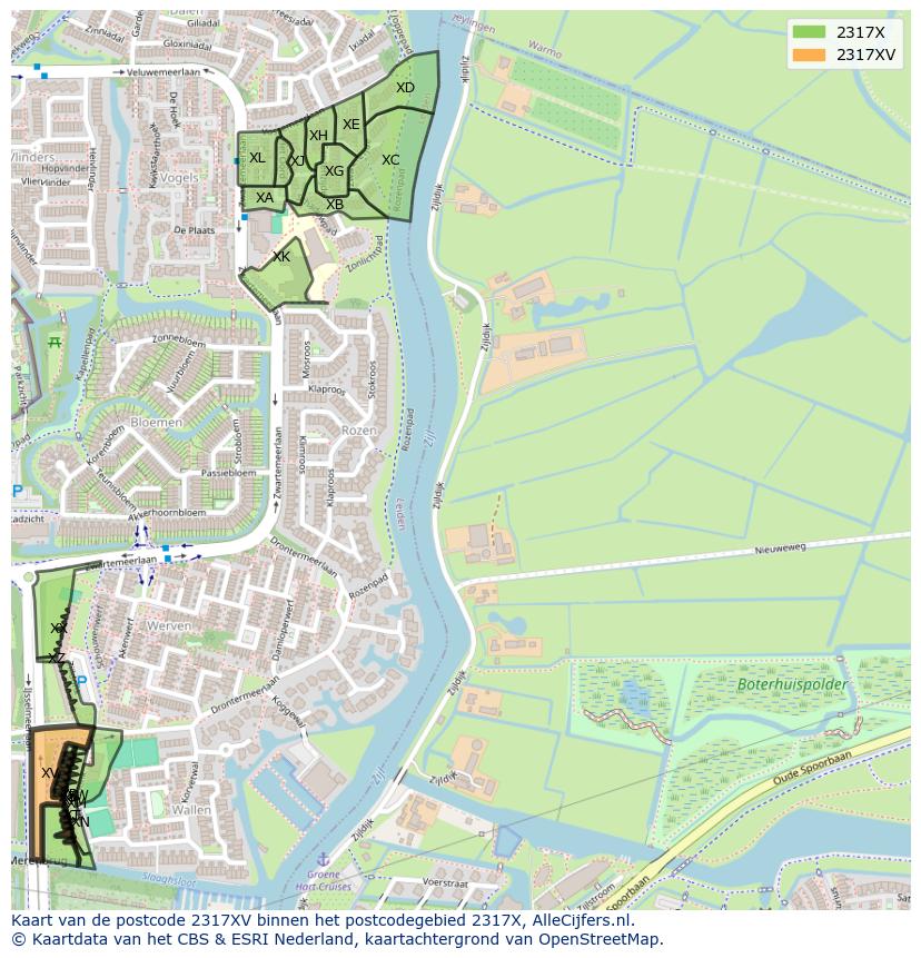 Afbeelding van het postcodegebied 2317 XV op de kaart.