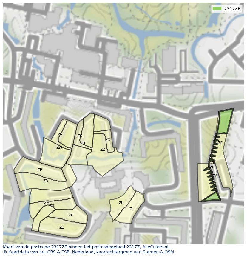 Afbeelding van het postcodegebied 2317 ZE op de kaart.