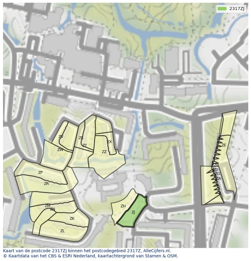 Afbeelding van het postcodegebied 2317 ZJ op de kaart.