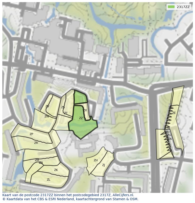 Afbeelding van het postcodegebied 2317 ZZ op de kaart.