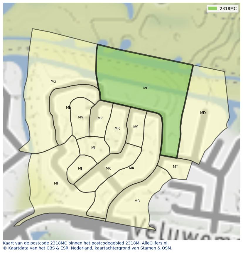 Afbeelding van het postcodegebied 2318 MC op de kaart.