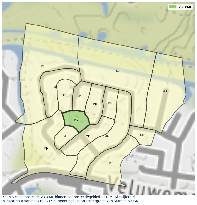Afbeelding van het postcodegebied 2318 ML op de kaart.