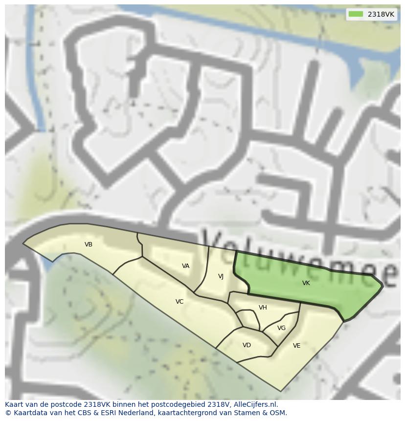 Afbeelding van het postcodegebied 2318 VK op de kaart.