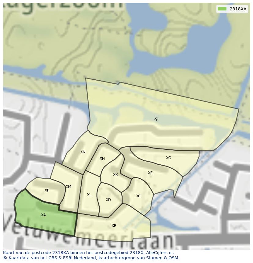 Afbeelding van het postcodegebied 2318 XA op de kaart.